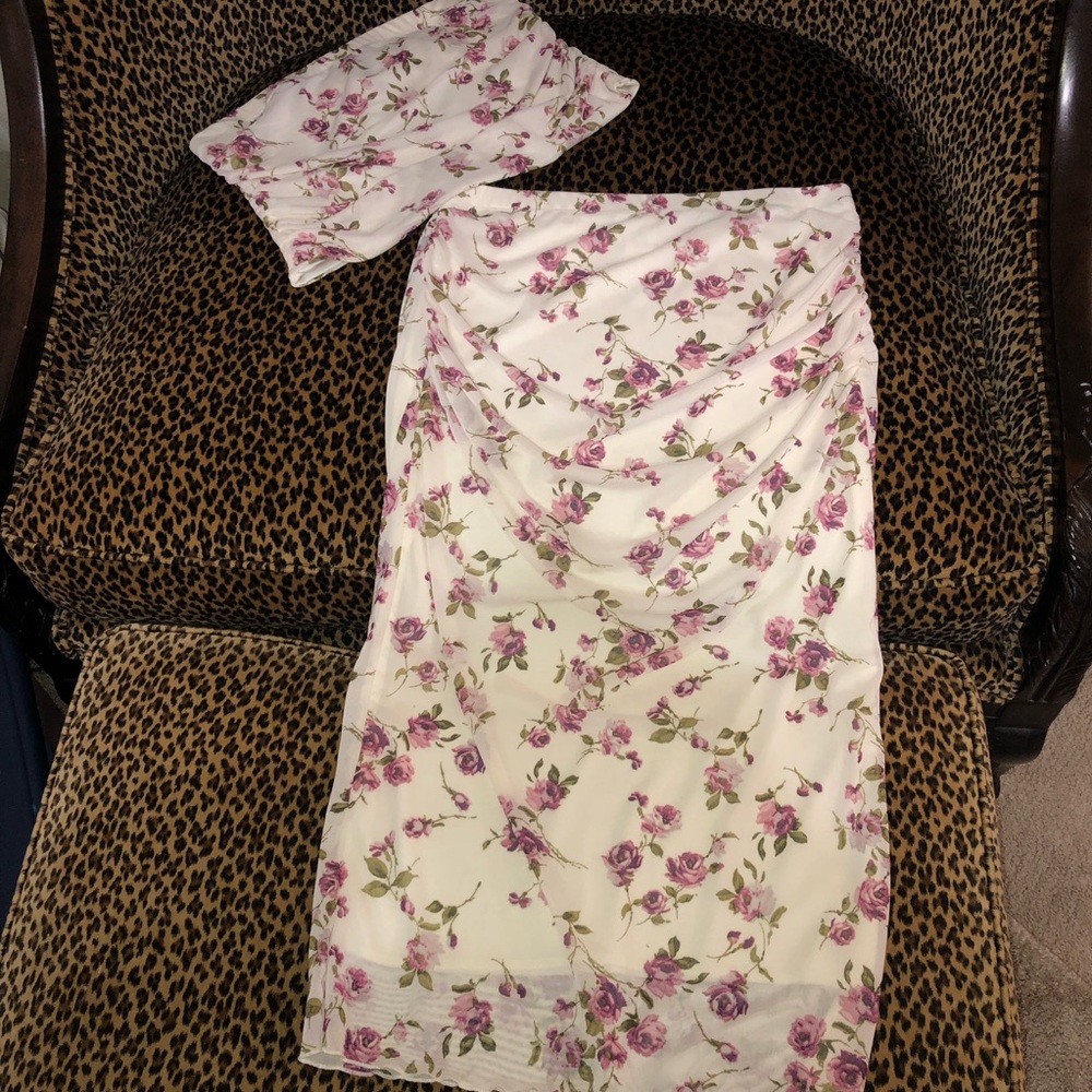 Floral Two-Piece Skirt Set - Cream with Pink Rose Print
